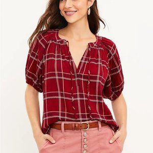 LOFT Plaid Tie Neck Puff Sleeve Top